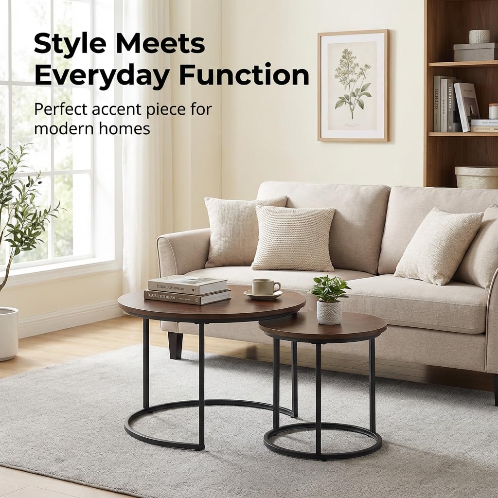 Round Nesting Coffee Table Set of 2, Modern Marble Pattern Wooden Nesting Tables, Stacking Minimalist End Table for Living Room Bedroom Small Space, Wood Brown and Black