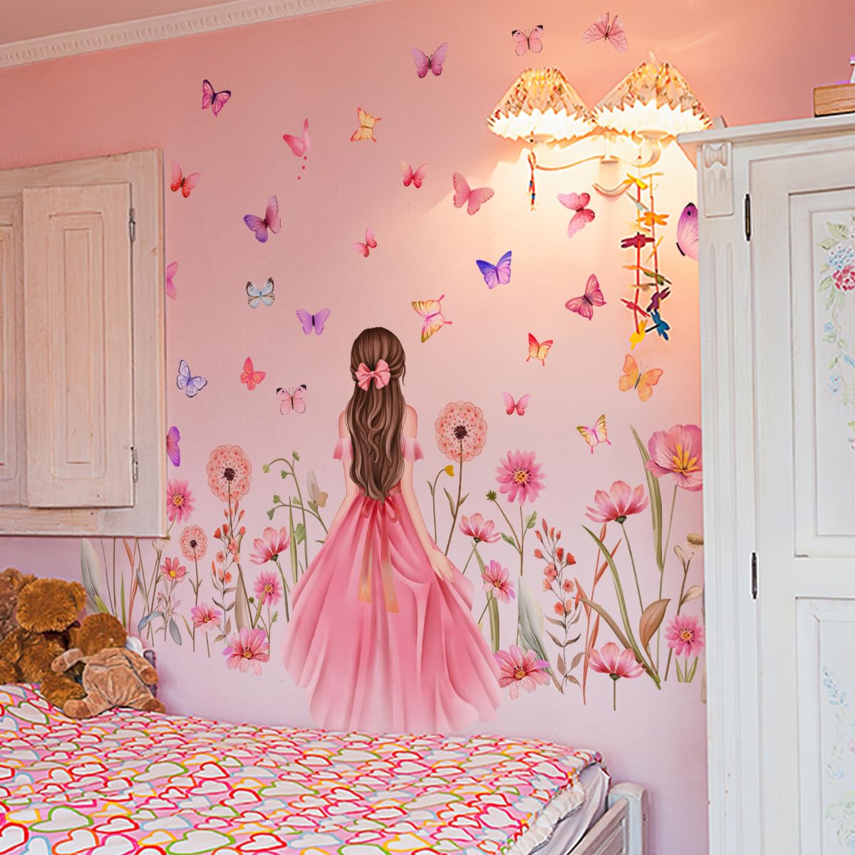 Pink Flower Wall Sticker DIY Purple Princess Dandelion Floral Butterfly Wall Stickers for Girls Bedroom Baby Nursery Kids Room Wall Decor Removable Waterproof