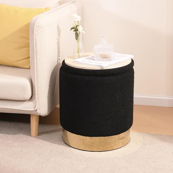 Round Ottoman with Storage Set of 2 Vanity Stool Foot Rest with Removable Lid for Bedroom Black Sherpa Storage Ottoman Stool for Living Room and Dorm Space Saving Assembly Free(Sherpa Black)