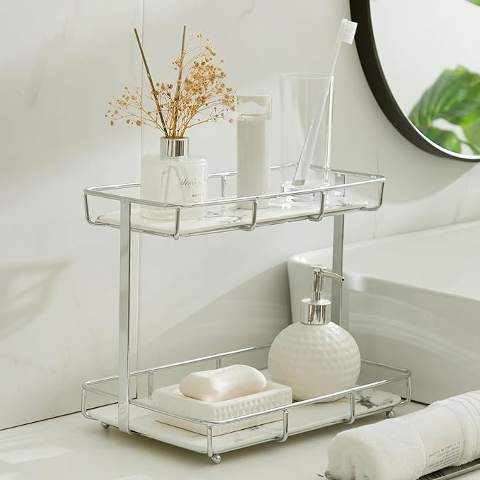Bathroom Organizer Countertop Perfume Organizer Makeup Organizer Cosmetics Storage Display Rack Vanity Tray Dresser Stainless Steel Gold Shelf White Marble Ceramic Tray (2 Tier L-Sliver) | Perfume Organizer