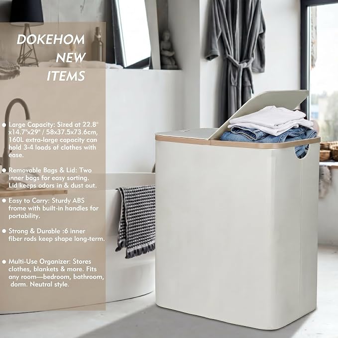 DOKEHOM 160L Extra Large Laundry Hamper with Lid, 2-Section Double Laundry Basket with Removable Mesh Liner Bags, Collapsible Clothes Sorter for Family, Bedroom, Laundry Room, Beige