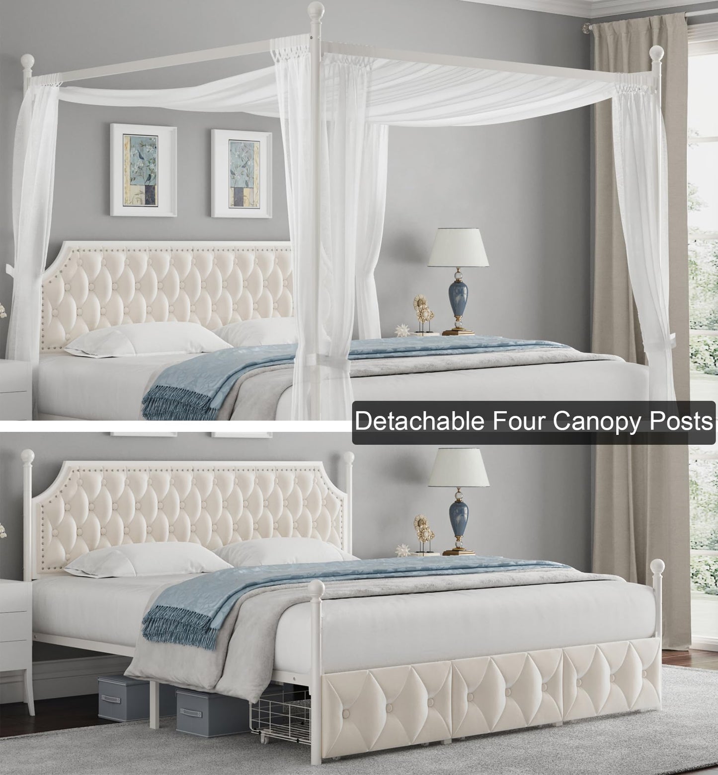 Keyluv King Upholstered Canopy Bed Frame with 3 Drawers and Button Tufted Headboard, Metal Platform Bed with 4 Removable Posts, Two-Purpose Velvet Bed No Box Spring Needed, Beige/Curtains Not Included