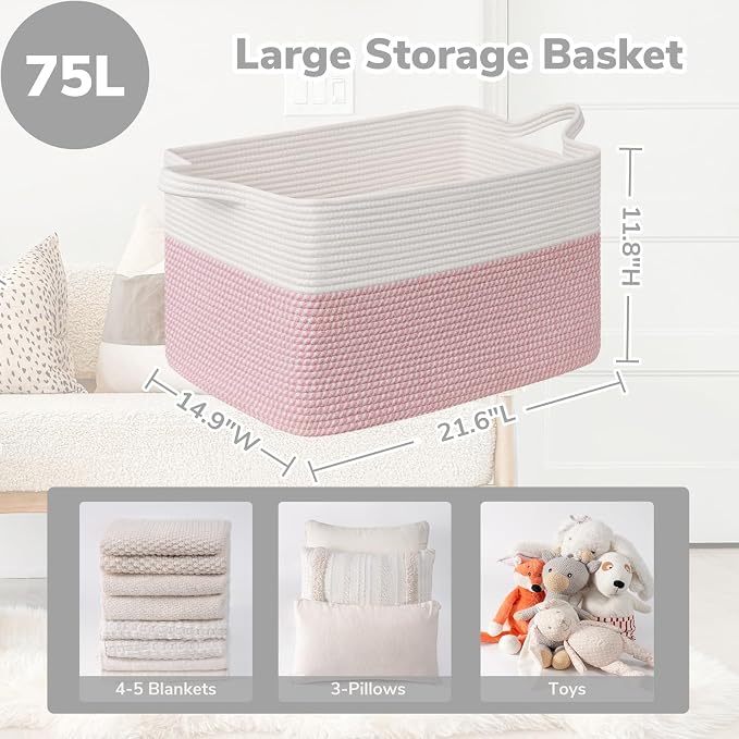 Goodpick Large Woven Blanket Basket 21.6" x 14.9" x 11.8" Storage Baskets for Organizing, Baby Laundry Hamper for Nursery Bedroom, Soft Toy Storage Baskets for Kids Girls, White & Pink