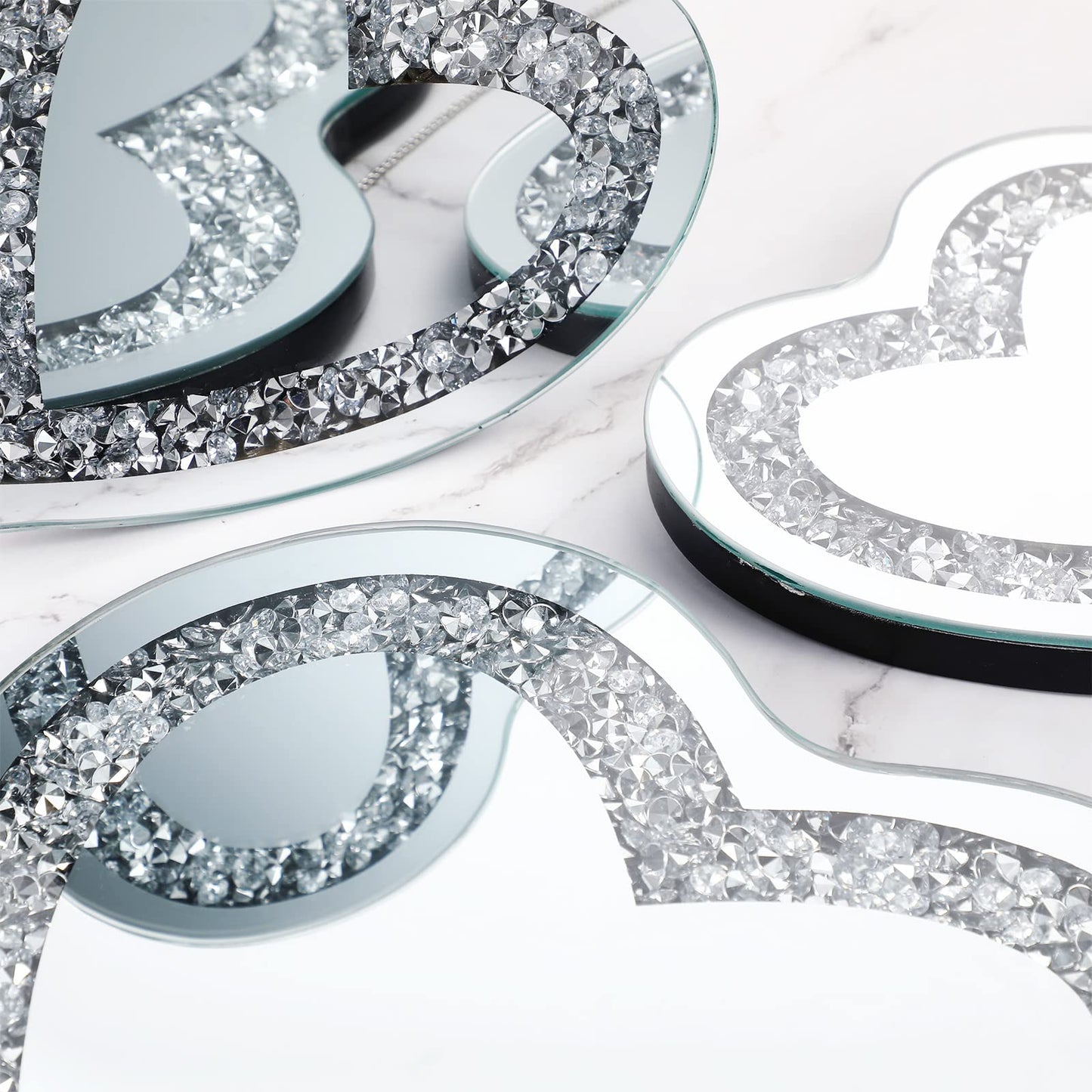 Qunclay 3 Pcs Crystal Crush Diamond Silver Mirror, 12 and 8 Inches Modern Shaped Wall Hang Decorations Glass Diamond Mirror for Bathroom Living Room (Heart Shape)