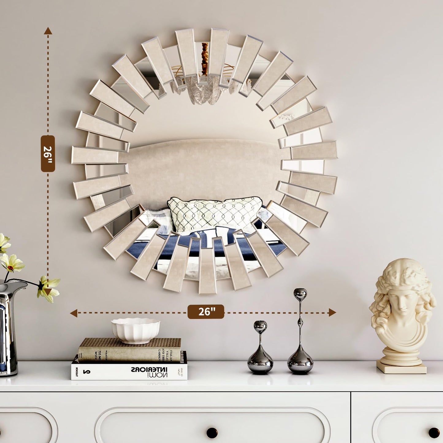Uniclinens Gold Sunburst Mirror 26" - Decorative Wall Mirror Large, Round Modern Bohemian Sun Decor for Bedroom Living Room Hallway Bathroom Entrance