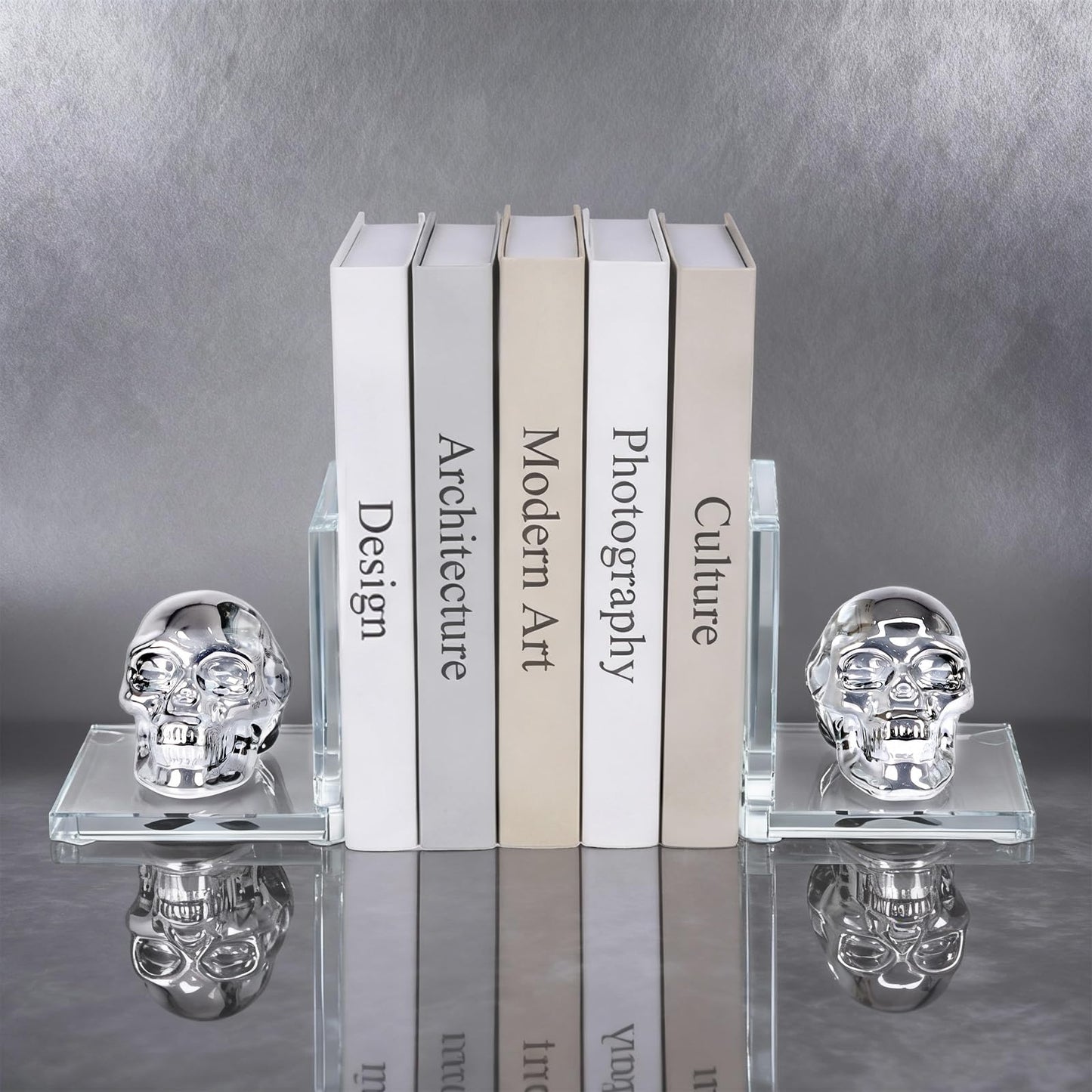 Skull Bookends Set of 2 – L Shaped Crystal Skull Decorative Bookends, Heavy Duty Non-Slip Book Ends for Shelves, Office and Home Decor