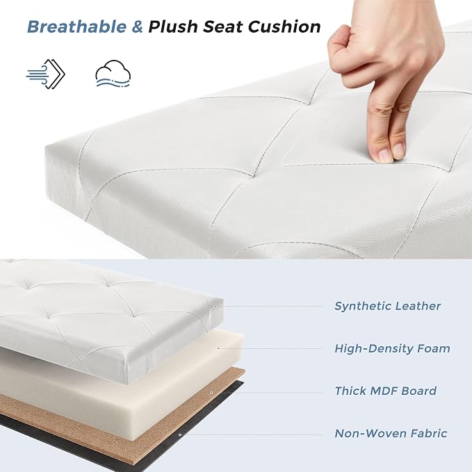 DUMOS 43 Inches Ottoman with Storage Bench, Foot Rest Stool, End of Bed Storage Bench Upholstered, Load 660 lbs, for Living Room, Synthetic Leather, Beige