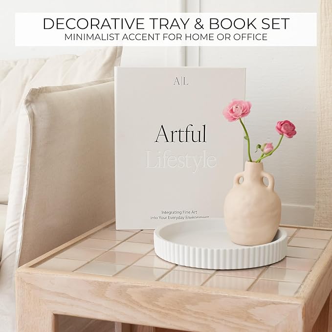 Decorative Concrete Tray & Book Decor Set - Scalloped Tray & Linen Box Enhance Your Coffee Table or Bookshelf Decor - Stylish Home Decoration for Your Living or Dining Room & as a Housewarming Gift