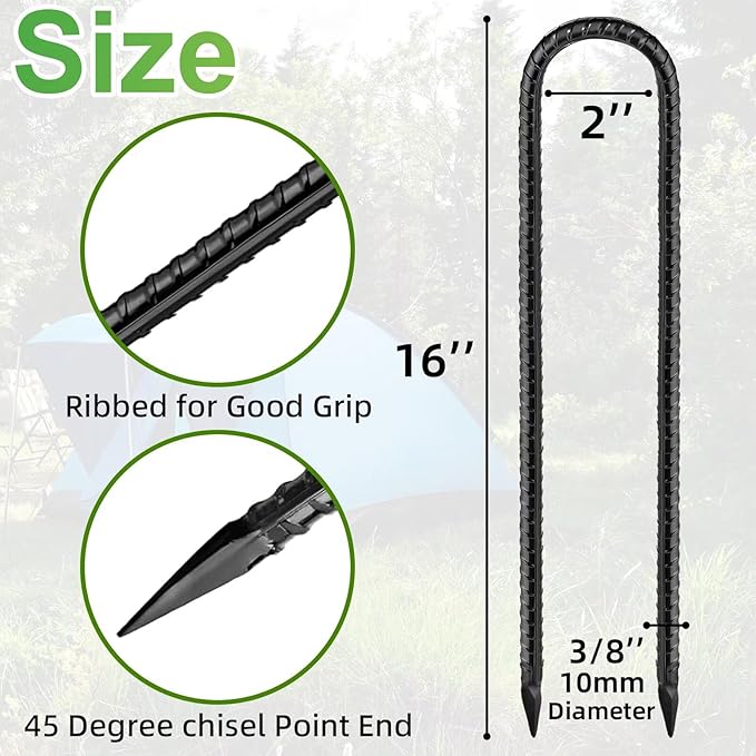 Black Trampoline Stakes Anchors High Wind 16inx10mm Galvanized U Hook 10pcs Rebar Stakes – Heavy Duty Ground Anchors for Trampoline,Yard & Inflatable,Landscape Metal Stakes for Outdoor Decorations