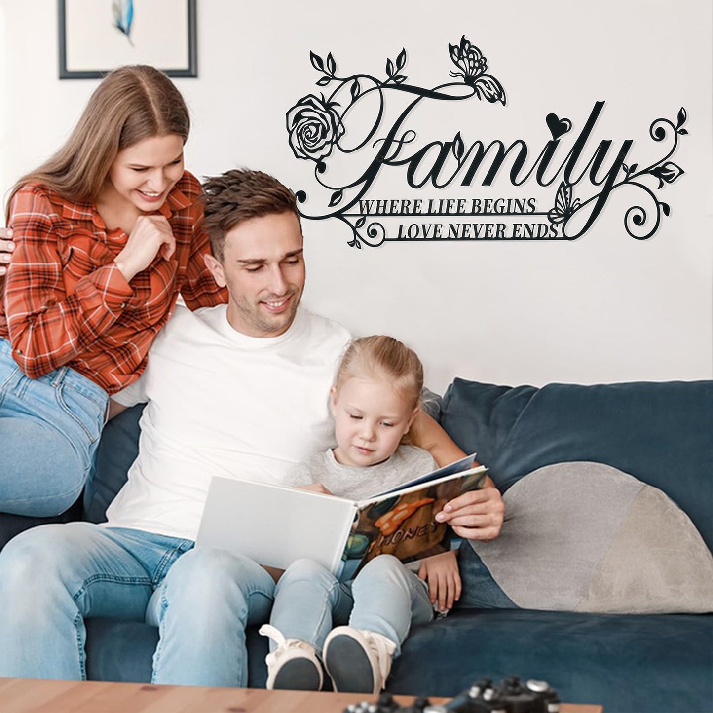 Family Where Life Begins Love Never Ends Word Sign Metal Wall Art Decor, Heavy-duty Iron Black Letters Quotes Sign Wall Sculptures Home Decor, Hanging Wall Art Decoration for Living Room Bedroom