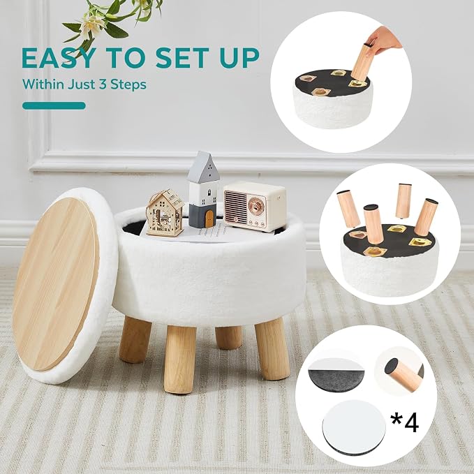 Small Foot Stool Ottoman with Storage, Soft Faux Fur Ottoman Foot Rest for Couch, Round Footstool with Storage, Small Ottomans and Footstools for Living Room and Entryway (White)