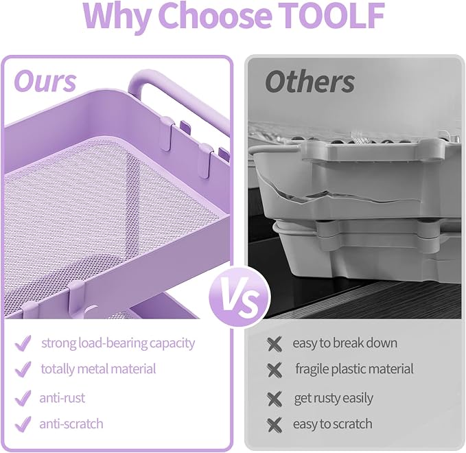TOOLF 4-Tier Rolling Cart - Metal Storage Organizer with Lockable Wheels, 44 lbs Per Shelf Capacity, Tool-Free Assembly, for Kitchen Bathroom Office Laundry Room Nursery, Purple