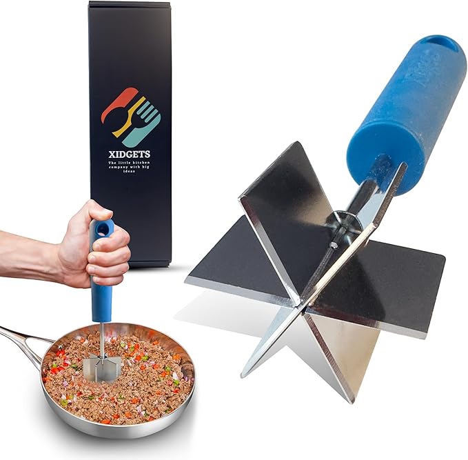 Stainless Steel Meat Chopper & Masher | Dishwasher Safe| 6-Blade Ground Beef Chopper Tool | Hamburger Smasher | Oversized Ergonomic Handle | Soft Grip - 9" (Lagoon Blue)
