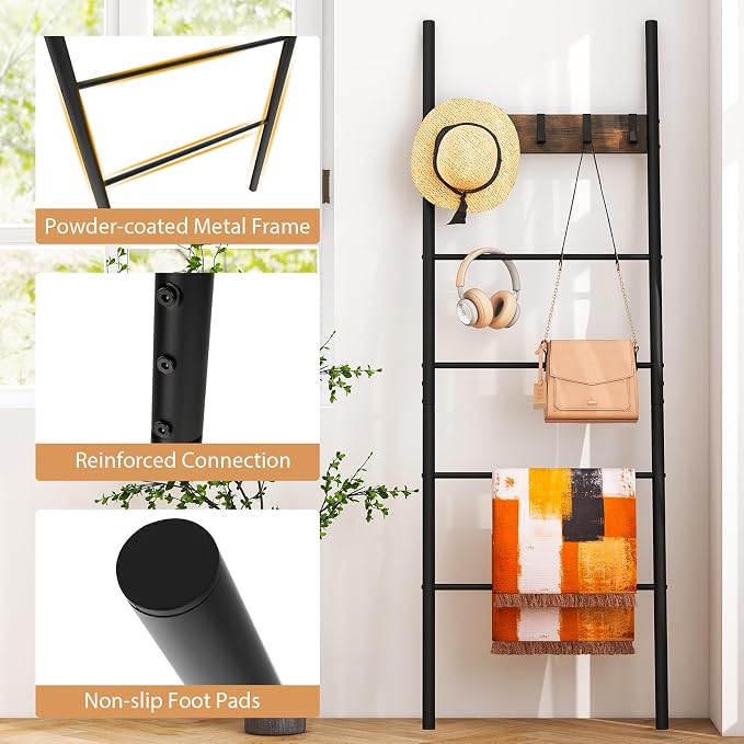 Tangkula Blanket Ladder, 5-Tier Ladder Shelf with 5 Removable Hooks, Wall-Leaning Decorative Blanket Holder with Metal Frame, Industrial Towel Display Rack for Living Room, Bathroom