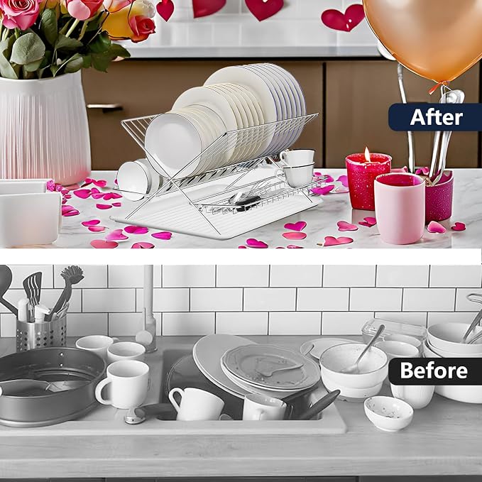 Stainless Steel Foldable Dish Drying Rack, 2 Tier Collapsible Kitchen Rack for Counter, Large Capacity Expandable Dish Drainer Rust Proof