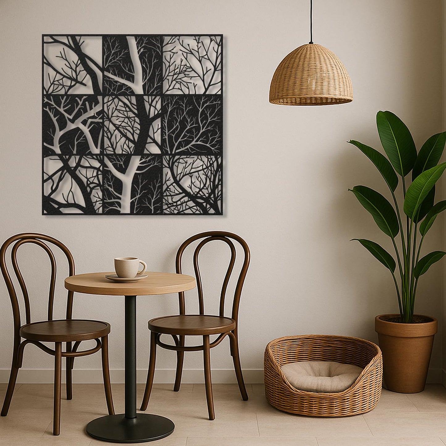 Modern Tree Branch Metal Wall Art Abstract Black and White Sculpture for Living Room, Office, Hallway, Nature-Inspired Home Decor (Black, 35" x 35" / 90 x 90 cm)