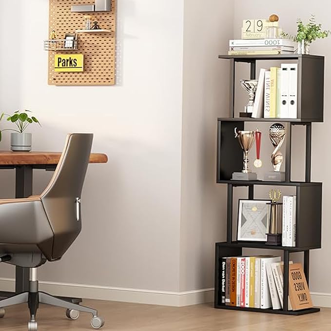 Gadroad 4-Tier Bookshelf, Narrow S-Shaped Geometric Bookcase, Wood Decorative Storage Shelving, Modern Freestanding Display Shelves, Book Shelf Unit for Living Room Bedroom Home Office, Black