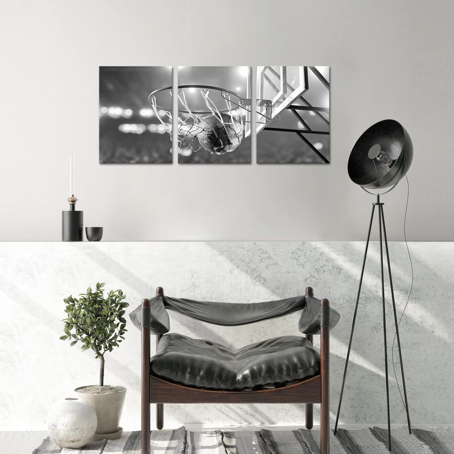 Apicoture Black and White Basketball Canvas Print Wall Art Basketball Poster Framed for Sport Room Wall Decor Ready to Hang 12''x 16''x 3 Panels