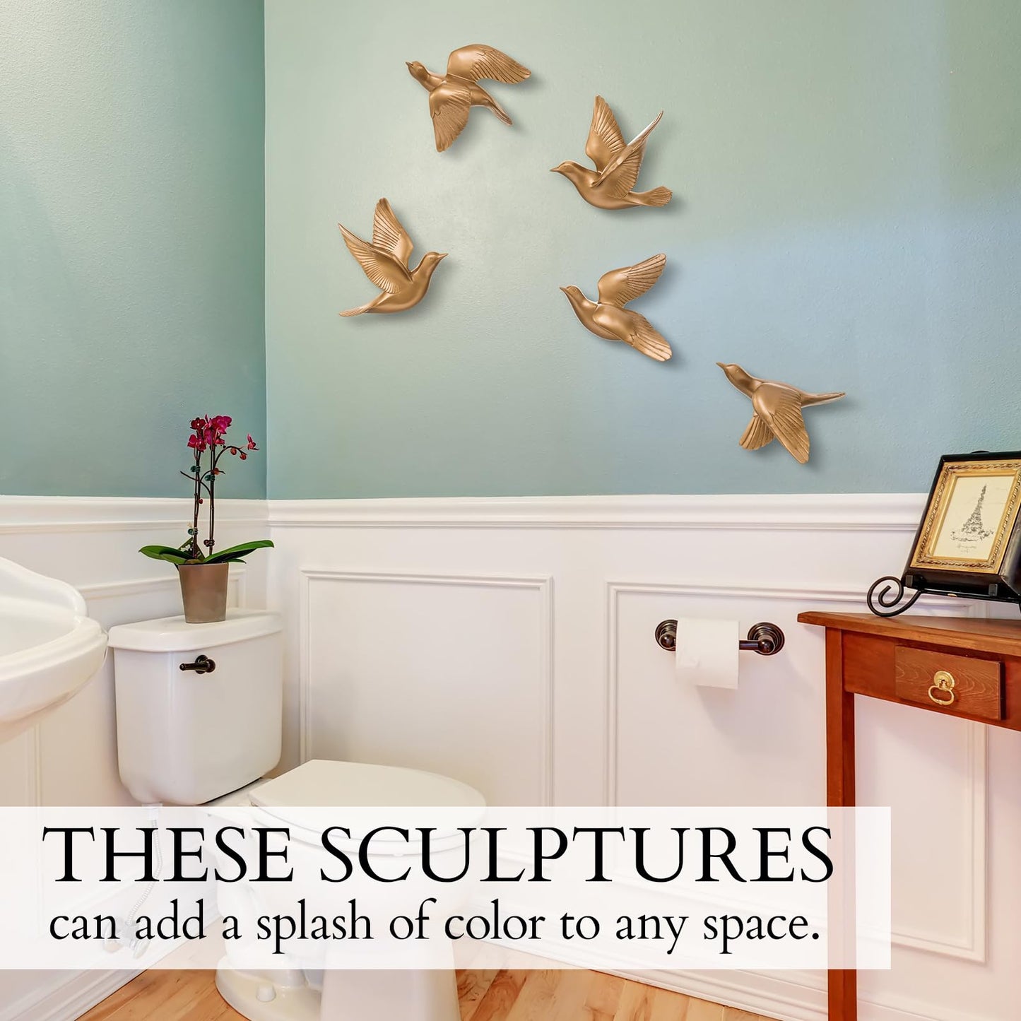 Kathfly 5 Pcs Bird Wall Decor, Resin Gold Bird 3D Wall Art, Flying Swallow Designs with Antique Patina Metal Look Resin Sculpture, Includes Mounting Hardware for Living Room & Bedroom