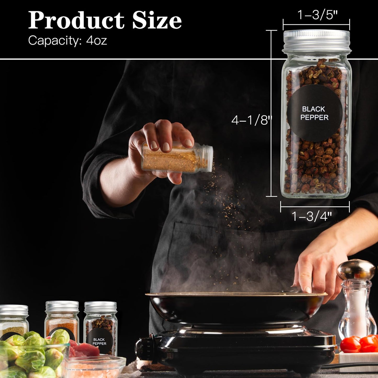 DkOvn 6pcs Glass Spice Jars, 4oz Empty Spice Jars with Metal Caps, Labels, Shaker Lids, Collapsible Funnel, Chalk Pen, Seasoning Organizer for Spice Rack