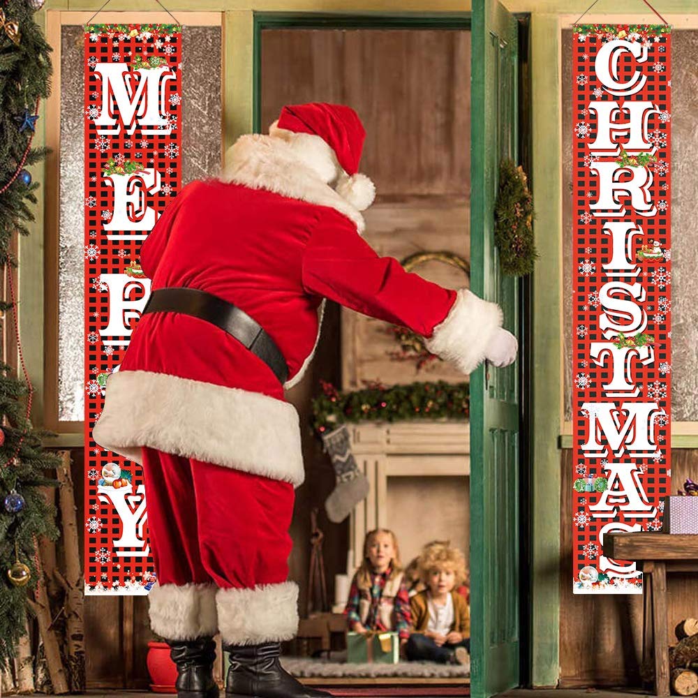 FECEDY Merry Christmas Hanging Banner Porch Sign with Pattern Christmas Tree Presents Snow Banner for Home Yard Indoor Outdoor Wall Door Christmas Party Decorations 72"x12"