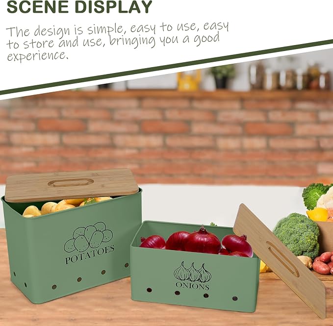 Potato and Onion Storage Bin Set of 2, Vented Metal Vegetable Storage with Wooden Lids, Farmhouse Kitchen Canisters for Countertop Pantry Organizer, Potato Bin Onion Holder for Produce Storage, Green