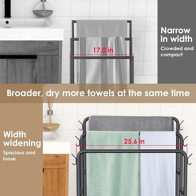 Kayfia 40" H Towel Rack Freestanding, 3-Tier Bath Towel Holder Stand with Storage Baskets & Hooks, Blanket Drying and Display Rack for Oversized Bath Towels, Metal Towel Rack Stand Indoor Outdoor