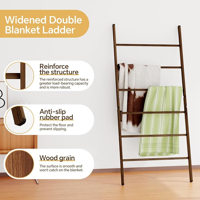 Delywh 6-Tier Wide Double Blanket Ladder Wood, Rustic Decorative Towel Rack for Big Blanket, Towel, Quilt, Clothes, Freestanding Blanket Holder Towel Ladder Decor Stand for Living Room, Bedroom, Brown
