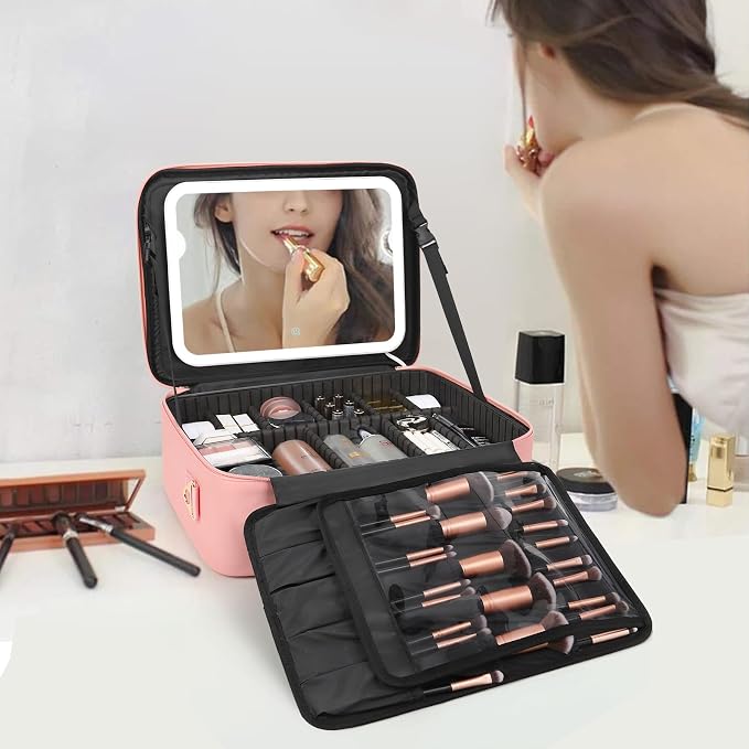 Chomeiu Makeup Bag with LED Mirror, Large Train Case for Makeup Artists, 16.2 inches Travel Professional Cosmetic Organizer with Light Up Mirror, 3 Color Lights, Brush Holder & Shoulder Strap (Pink)