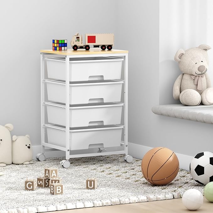 SYKIARIOL Utility Cart with 4 Drawers, Multipurpose Rolling Storage Cart with 4 Drawers and 2 Lockable Wheels, 4-Tier Rolling Storage Cart Organizer for Home Office Dorm, Bright White