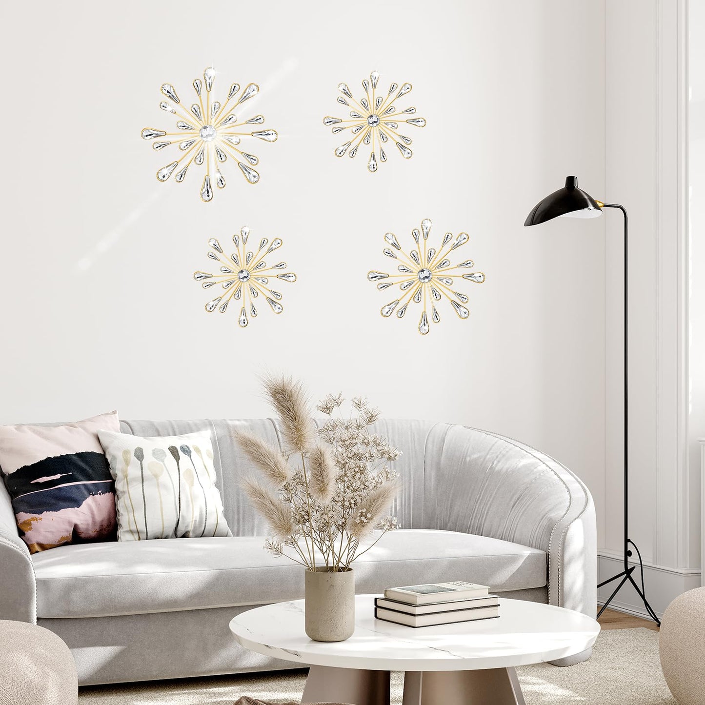 4 Pcs Starburst Wall Decor, Metal Starburst Wall Art Decor, Bling WallsArt Crystal Teardrop 3D Hanging Rhinestone Radial Metal Artwork, Decorative Walls Hanging Diamond for Living Room Bedroom(Gold)