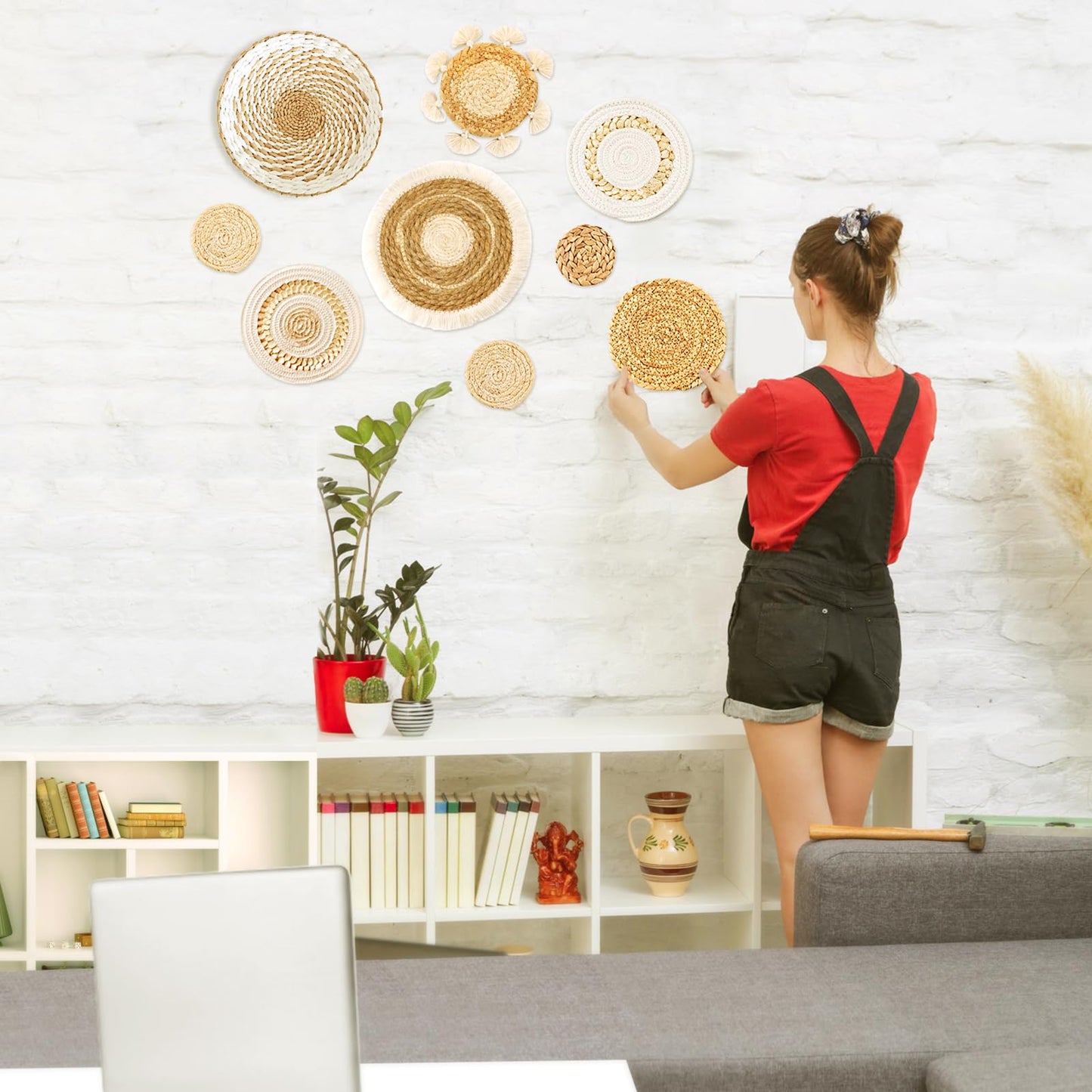 9 Pack Boho Wall Basket Set, hanging Woven Wall Basket Decor, Seagrass Rattan Wicker Boho Wall Decor, Eco-Friendly Round Art for Farmhouse Bedroom Living Room Display Table Settings Kitchen Home