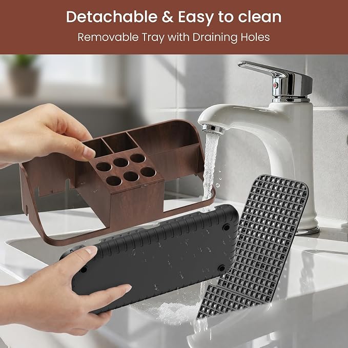 Boperzi Bathroom Counter Organizer for Vanity & Sink Storage: Detachable Electric Toothbrush and Toothpaste Holder, Water Flosser Holder, Bathroom Decor and Accessories Organization Set(Walnut Black)