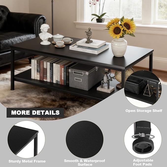 SUPER DEAL 2-Tier Coffee Table with Storage Shelf for Small Apartment Living Room, Rectangle Wood and Stable Metal TV Stand Side End Table, Black
