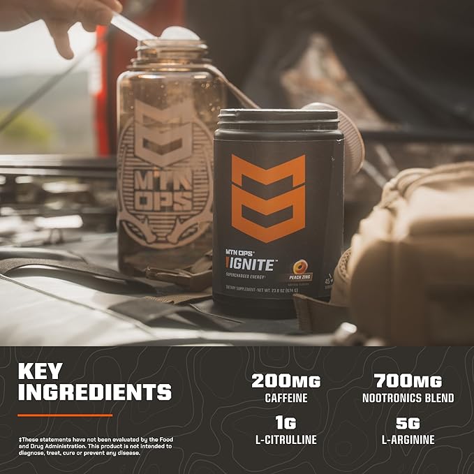 MTN OPS Ignite Energy Drink Powder, Gluten Free Nootropic Supplement Drink Mix, L Arginine, L Citrulline, Caffeine & Nootropic Sugar Free Drink Mix, 45 Servings, Bugle Berry