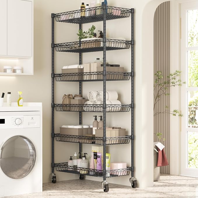 Himimi 6 Tier Rolling Storage Cart, Metal Wire Basket Rack with Wheels, Adjustable Storage Shelves Organizer Shelf for Kitchen Pantry Garage Laundry Room Bathroom, 30" W X 13.5" D X 63" H, Black