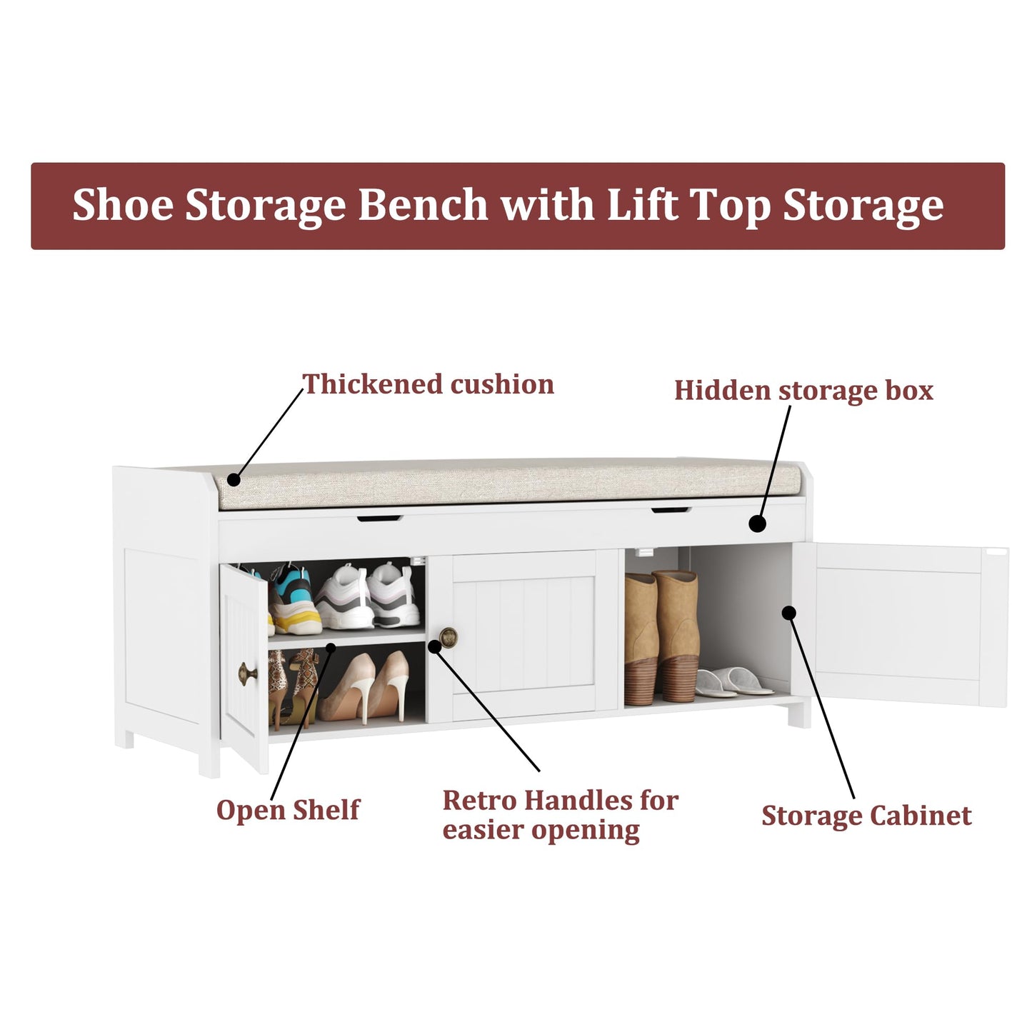 HOMEFORT 41.3" Shoe Bench with Lift Top Storage, Entryway Bench with Cushioned Seat, Wooden End of Bed Bench, Shoe Cabinet Bench with Hidden Storage Space, for Bedroom, Hallway,White