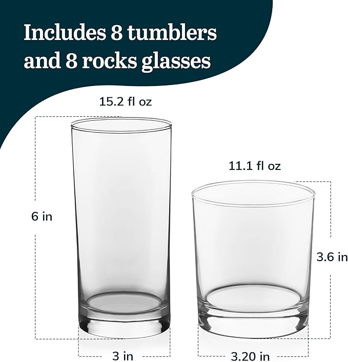 Libbey Province Tumbler and Rocks Glass Set, Elegant Drinkware Glasses Set of 16, Tall Drinking Glasses for Everyday Use or Any Special Occasion