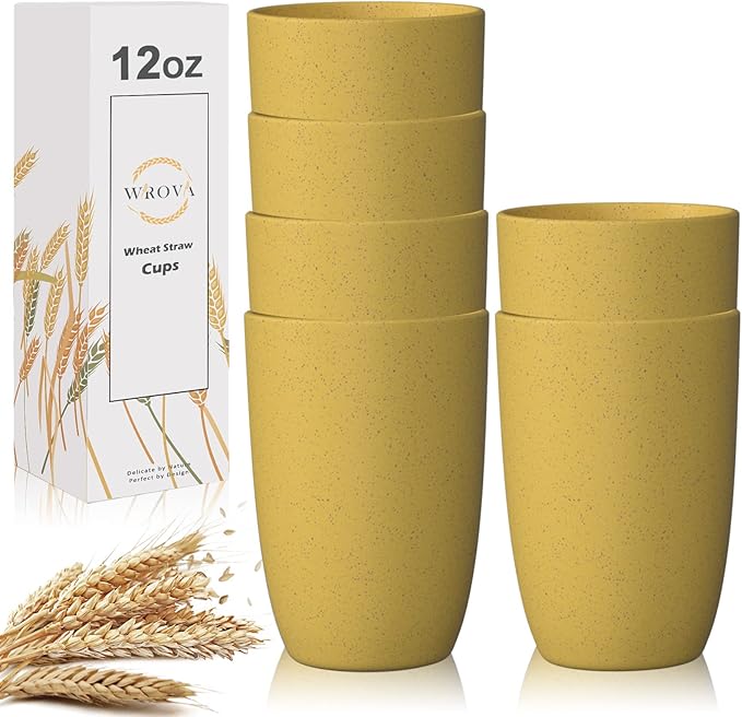 Wrova Wheat Straw Cups 6 PCS Good Alternative to Plastic Reusable Cups 12 oz Unbreakable Drinking Cup Reusable Dishwasher Safe Water Plastic Glasses Yellow