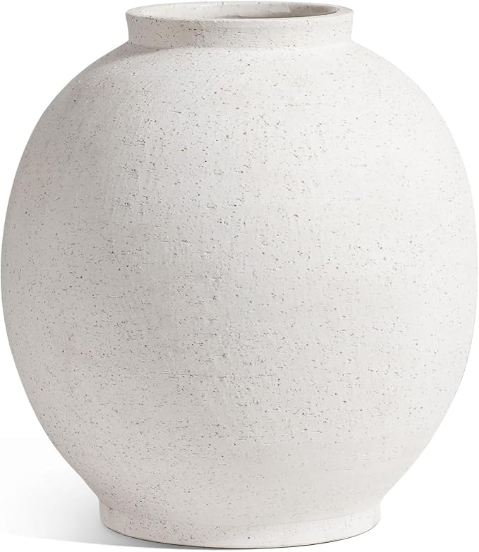 White Ceramic Vase - Large 10.8 Inch Round Floor Vase for Centerpieces, Farmhouse Flower Vases, Rustic Minimalist Home Decor (Sandstone White)