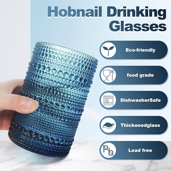 15oz Colored Hobnail Drinking Glasses, Vintage Glasses Drinking Set of 6, Embossed Beaded Glass Cups for Kitchen, Beer, Juice, Cocktail, Whiskey, Milk