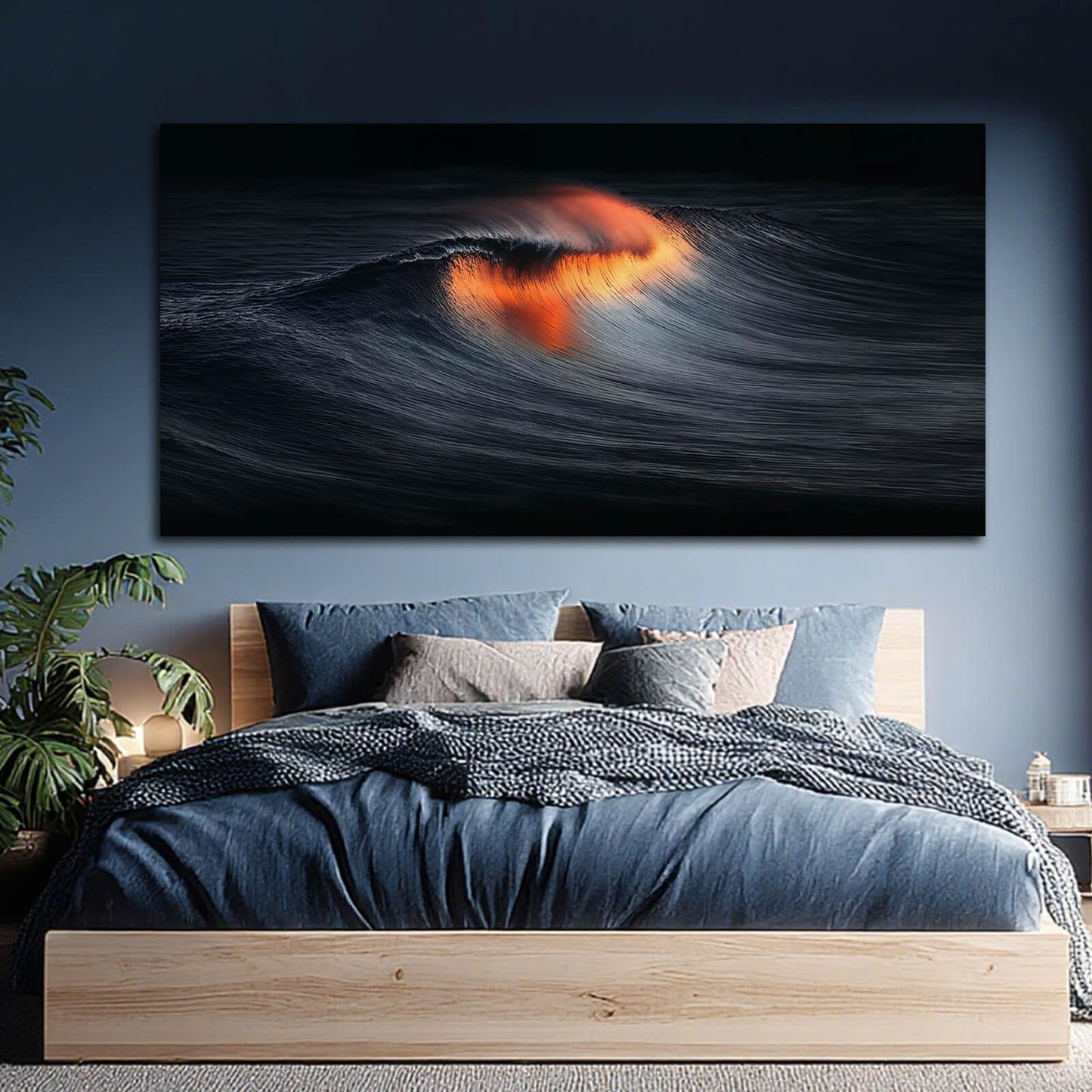 YETHEN WAL Dark Ocean Wave Wall Art Sunset Fire Canvas Prints Abstract Seascape Artwork for Living Room Bedroom Office Decor 24x48 Inch