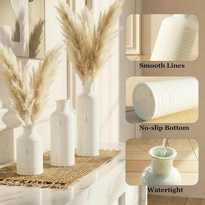 Firehold Ceramic Vase Set of 3, Flower Vases for Home Decor, Neutral Rustic Modern Farmhouse Vase, Decorative Centerpieces for Table Bookshelf Mantel Kitchen Living Room Office