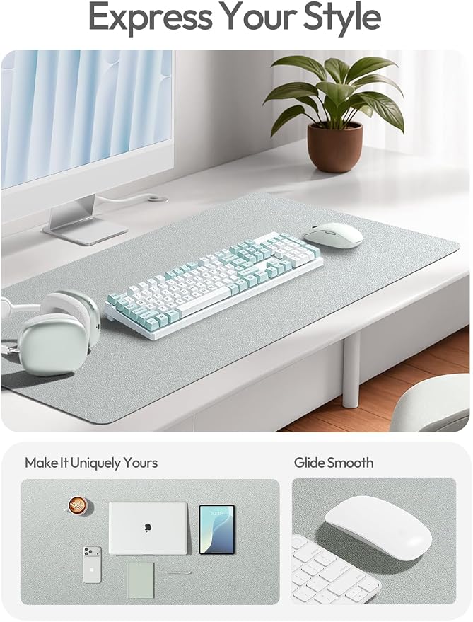YSAGi Leather Desk Pad Protector, Office Desk Mat, Large Mouse Pad, Non-Slip PU Leather Desk Blotter, Laptop Desk Pad, Waterproof Desk Writing Pad for Office and Home (Silver, 31.5" x 15.8")
