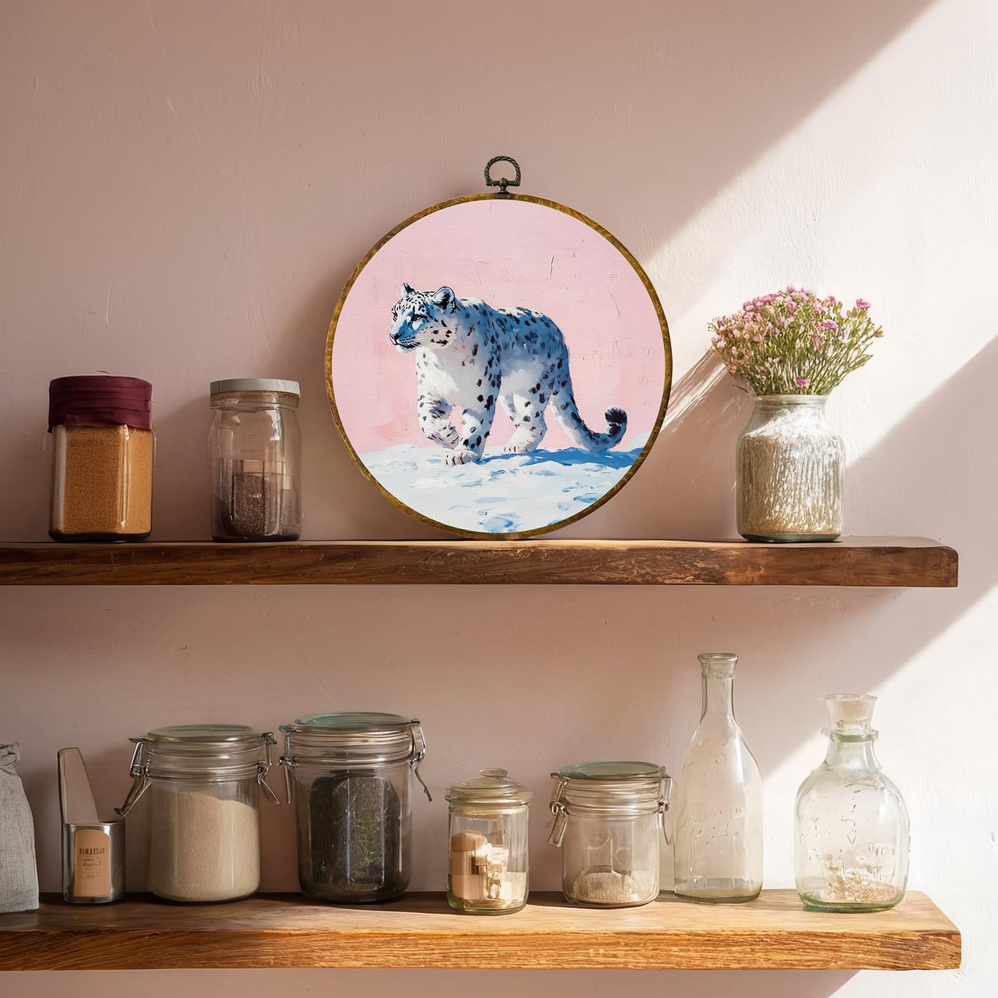 zewepri Snow Leopard Wall Art – Quirky Round Canvas, Animal Lover Gift, 10×10 Inch Decorative Wall Art for Kids’ Room, Bathroom, Living Room & Office, Perfect Housewarming & Holiday Gift