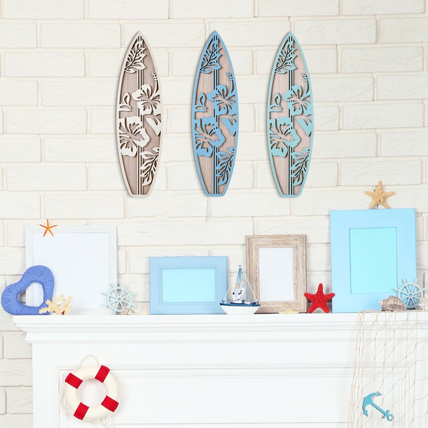 RattanView 3 Pieces Surfboard Decor for Bedroom Wooden Beach Wall Decor Summer Wood Surfboard Wall Hanging Sign for Tropical Living Room Decoration(Hibiscus,Blue)