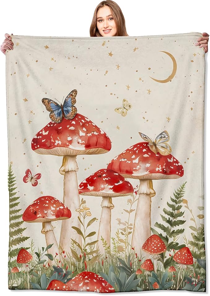 Red Mushroom Blanket Enchanting Forest Throw Blankets with Butterfly,Birthday Gifts for Girls Women & Nature Lovers,Lightweight Soft Fleece,for Sofa Couch Bed Room Fairy Tale Decor 40x50in