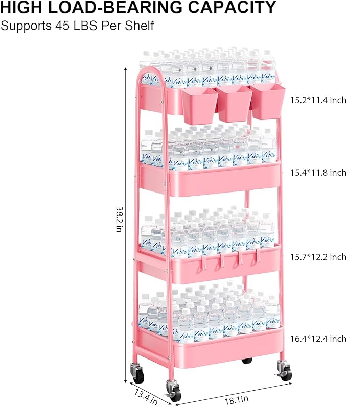 4 Tier Rolling Cart Metal with Lockable Wheels, Four Tiered Pink Trolley Cart on Wheels, Utility Storage Organizer Carts for Bathroom, Kitchen, Art, Craft, Baby Diaper Caddy, Snack, Makeup, Nail, Lash