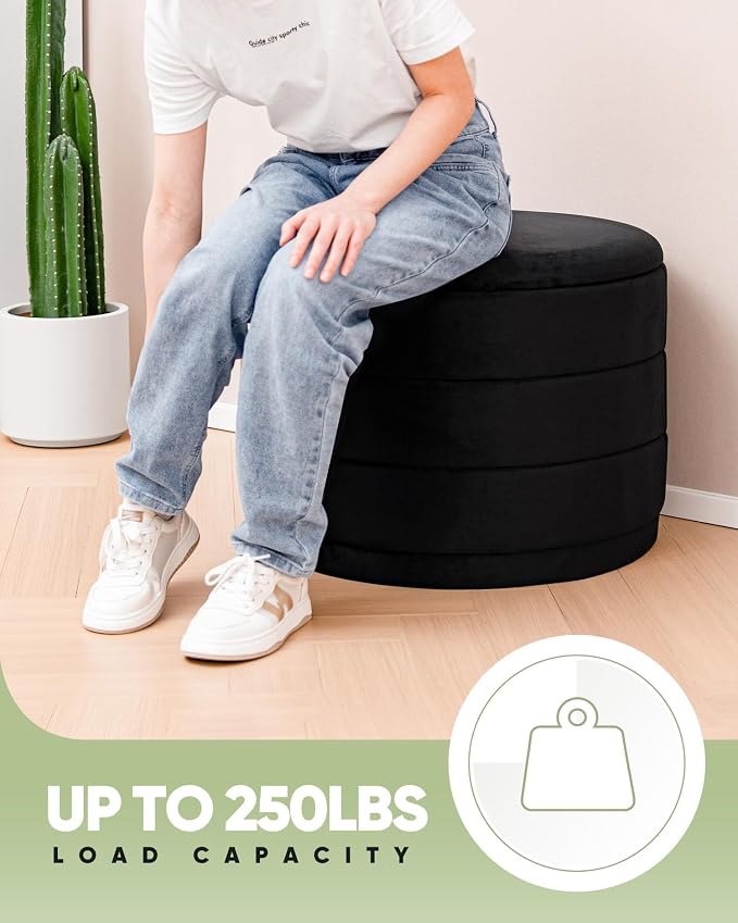 B FSOBEIIALEO Round Velvet Storage Ottoman with Tray, Folding Ottoman with Storage Coffee Table Foot Rest for Dorm Room, Living Room Black, 22.83"x22.83"x17.32"