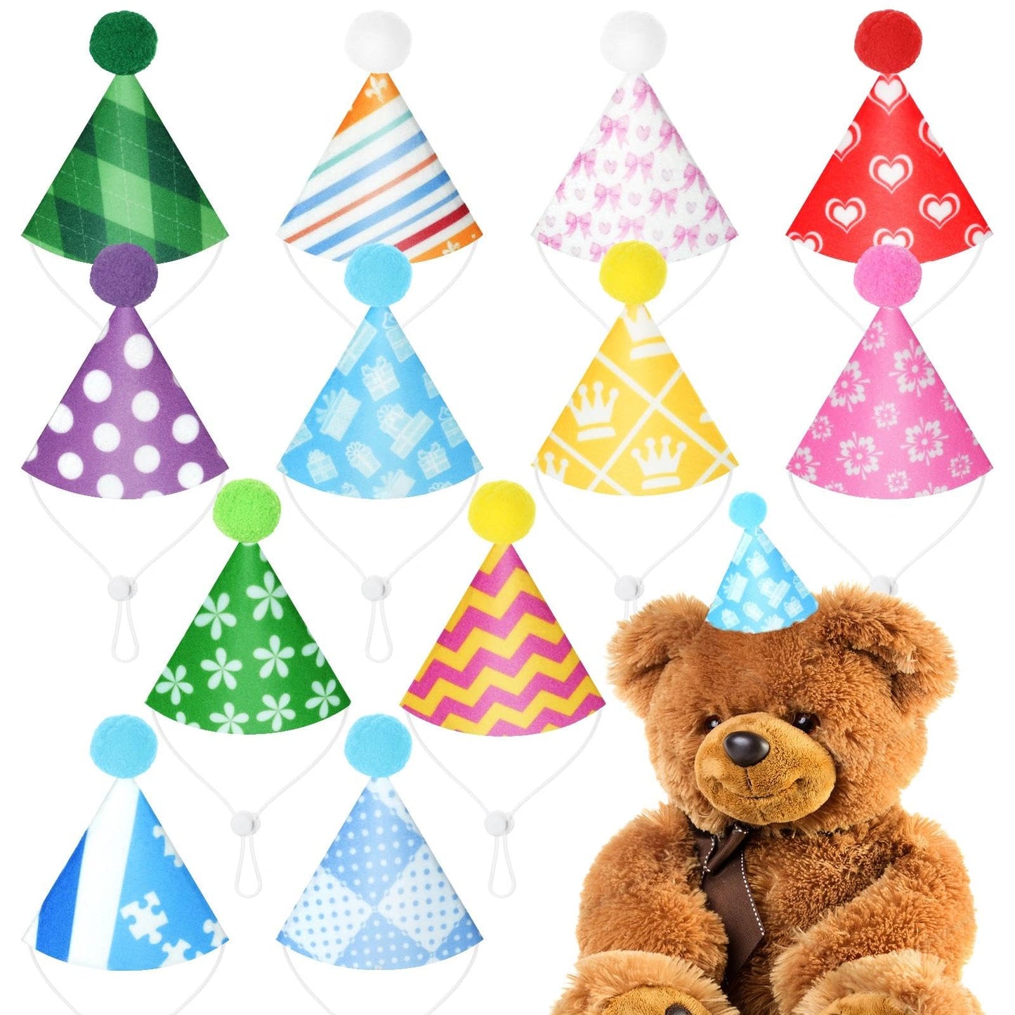 12 Pcs Mini Party Hats for Stuffed Animals Birthday Party Felt Cone Hats Cats Dogs Rabbit Dolls Puppies Assorted Animal Party Decorations
